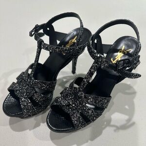 Saint Laurent YSL Tribute 75 glitter platform high heels sandals Ayers Midnight